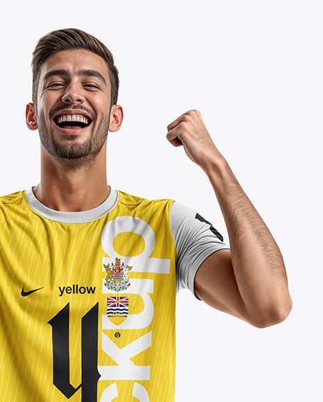 Man Wearing Crew Neck Soccer Jersey and Shorts Mockup