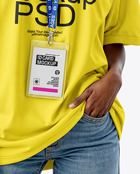 Young Black Woman Wearing T-shirt with Badge Holder Mockup