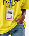 Young Black Woman Wearing T-shirt with Badge Holder Mockup