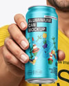 Man Wearing a T-shirt Holding 16oz Drink Can Mockup