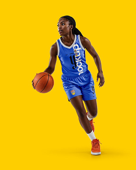 Female Basketball Player Wearing V-Neck Jersey and Shorts Mockup