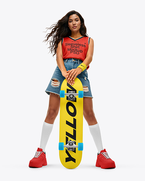 Woman Wearing Sleeveless Shirt and Jean Shorts with Skateboard Mockup - Jeans mockup