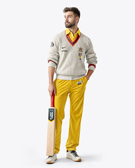 Man Wearing a Full Cricket Kit with Bat Mockup - Jumper