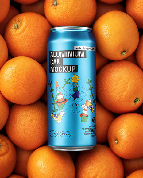 16oz Drink Can on a Stack of Oranges Mockup - Metal can mockup