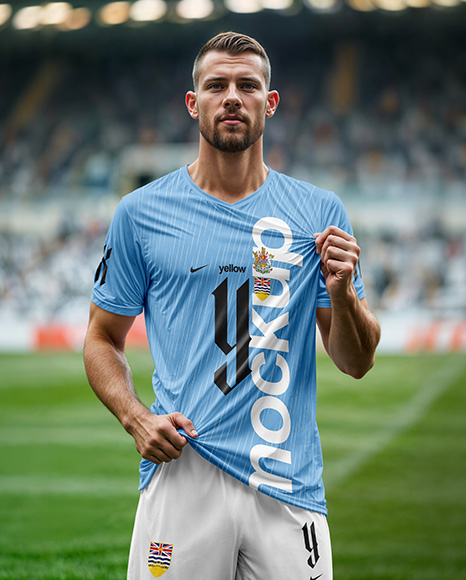 Soccer Player Wearing a Full Kit at the Stadium Mockup