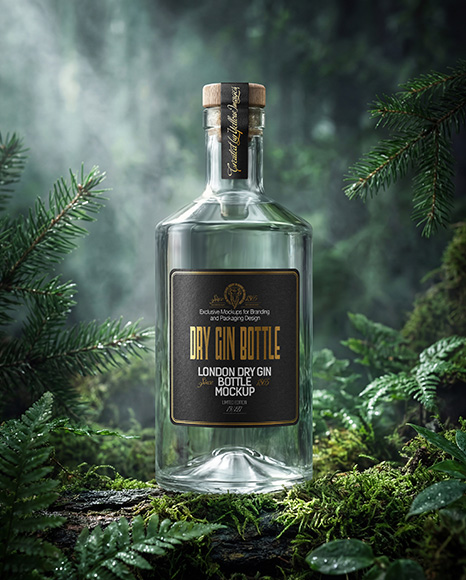 Dry Gin Bottle Surrounded by Forest Mockup