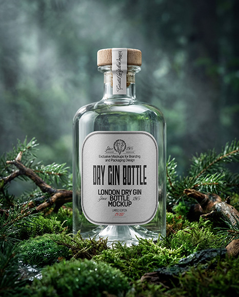 Dry Gin Bottle Surrounded by Forest Mockup