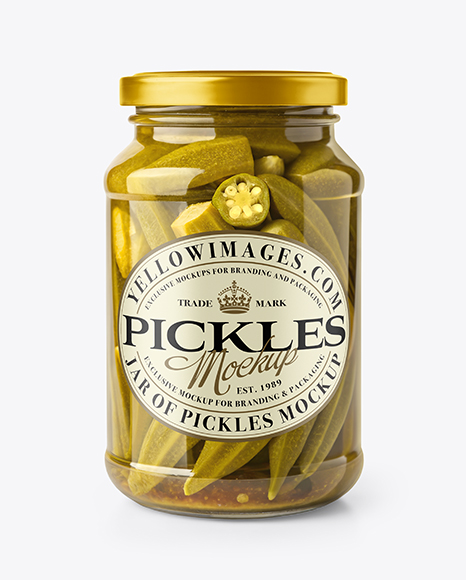 Clear Glass Jar with Pickled Okra Mockup - Glass+Jar+Of+Pickled+Cucumbers+Mockup+Set+In+Packaging+Mockups