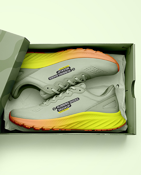 Pair of Running Shoes in Shoe Box Mockup