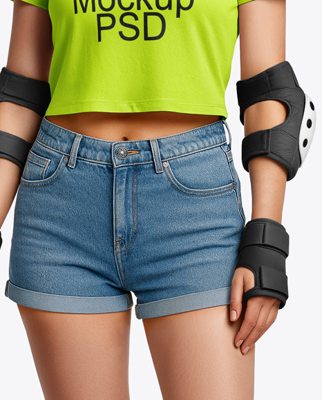 Young Woman in Protective Gear with Skateboard Mockup