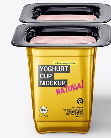 4 Metallized Plastic Yoghurt Cups Mockup