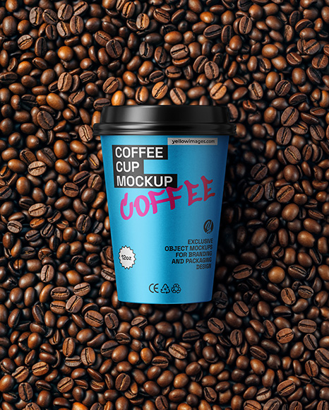 12oz Paper Cup on a Stack of Coffee Beans Mockup