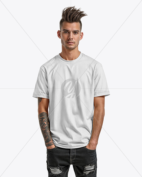 Young Man with Tattoo Wearing T-shirt and Ripped Jeans Mockup