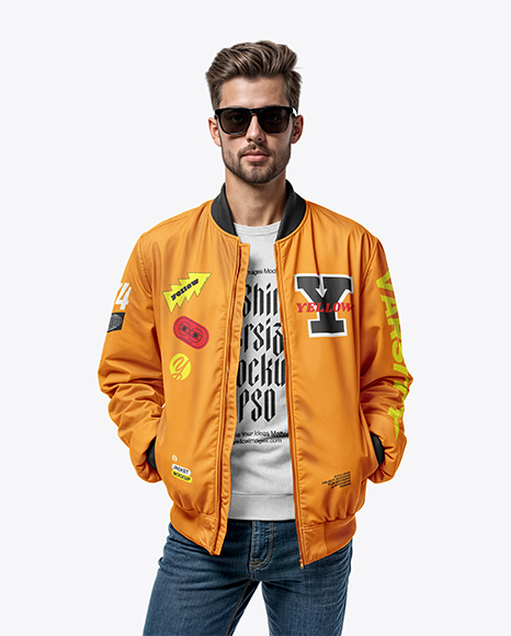 Bearded Man Wearing Bomber Jacket and Jeans Mockup - Jacket mockup