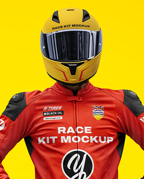 Man Wearing Moto Racing Kit with Sport Bike Mockup