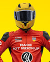 Man Wearing Moto Racing Kit with Sport Bike Mockup