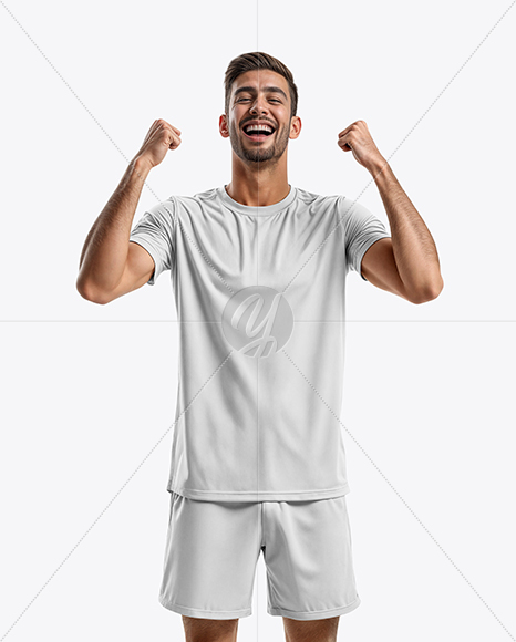 Man Wearing Crew Neck Soccer Jersey and Shorts Mockup
