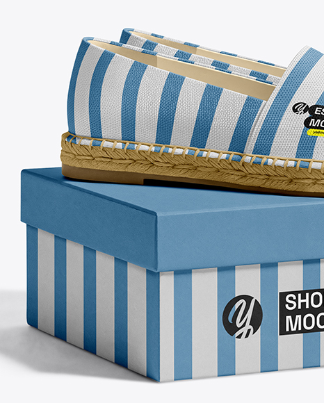 Pair of Women's Espadrilles with Shoe Box Mockup