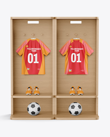 Soccer Training Kit Hanging inside a Wooden Locker Mockup