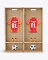 Soccer Training Kit Hanging inside a Wooden Locker Mockup