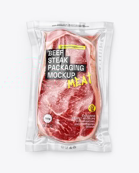 Clear Plastic Flow-Pack with Beef Steak Mockup - Flow-Pack Mockups