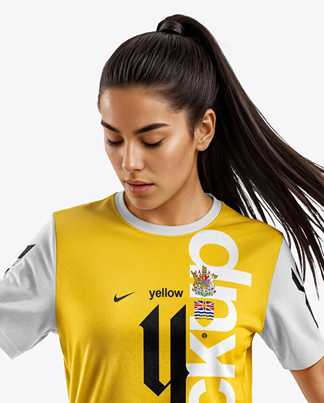 Female Soccer Player Wearing Jersey and Shorts Mockup