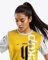 Female Soccer Player Wearing Jersey and Shorts Mockup
