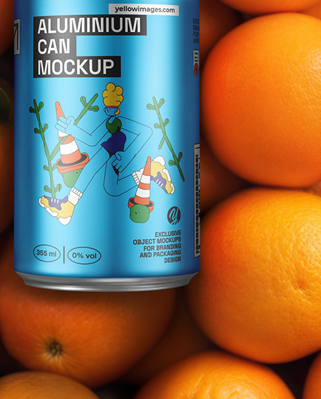 12oz Drink Can on a Stack of Oranges Mockup