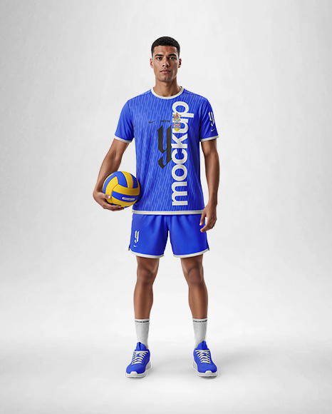 Man Wearing Full Volleyball Kit with Ball Mockup