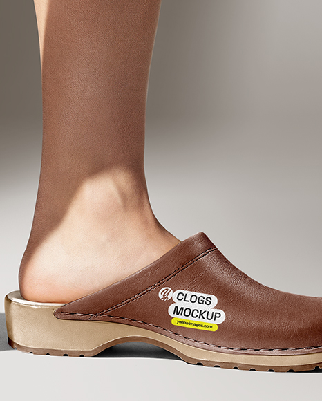 Pair of Clogs on Woman's Legs with Skirt Mockup