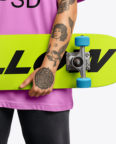 Woman Wearing T-shirt with Skateboard Mockup