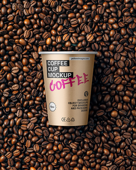 12oz Paper Cup on a Stack of Coffee Beans Mockup