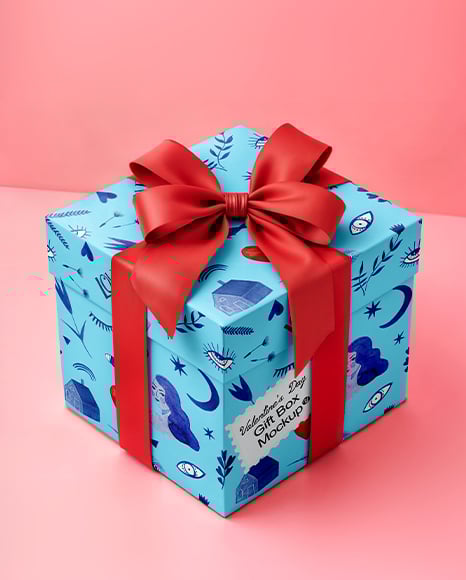 Gift Box with Red Bow on Pink Background Mockup - White box mockup