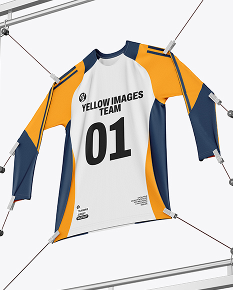 Training Long Sleeve Jersey Hanging on a Hooked Frame Mockup - PSD Mockups
