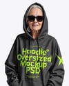 Smiling Old Woman Wearing Oversize Hoodie & Sweatpants Mockup