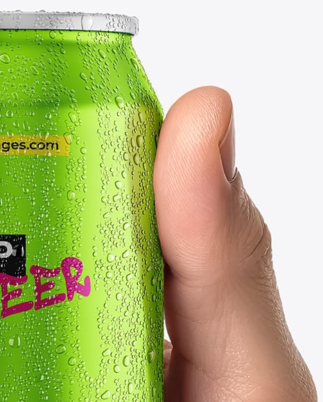 330ml Aluminium Can with Drops in the Hand Mockup