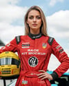 Woman Wearing Racing Kit With Racing Car Mockup