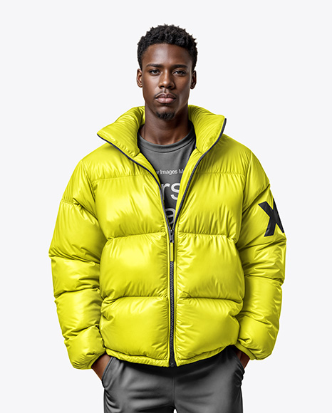 Black Man Wearing Puffer Jacket and Pants Mockup - Jacket mockup