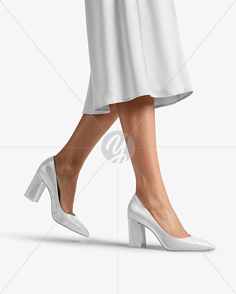 Block Heel Pumps on Woman's Legs with Dress Mockup
