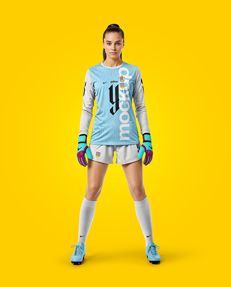 Female Soccer Goalkeeper Wearing Long Sleeve Jersey and Shorts Mockup