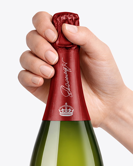 Green Glass Champagne Bottle in Hands Mockup