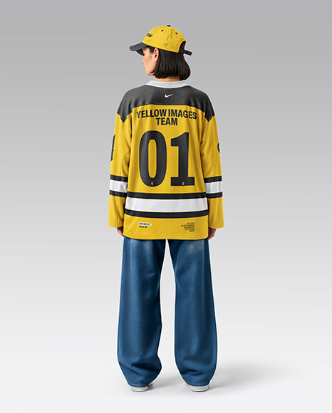 Woman Wearing Ice Hockey Jersey and Cap Mockup