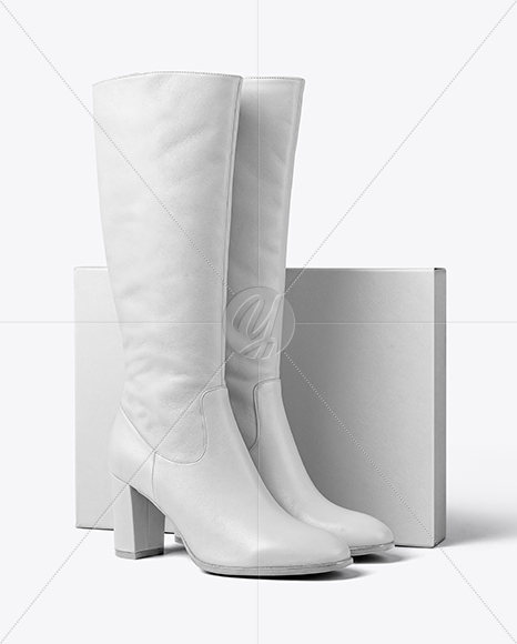 Pair of Women's High-Knee Boot with Shoe Box Mockup