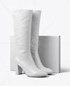 Pair of Women's High-Knee Boot with Shoe Box Mockup