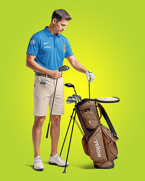 Man Wearing Golf Shirt and Shorts with Bag Mockup