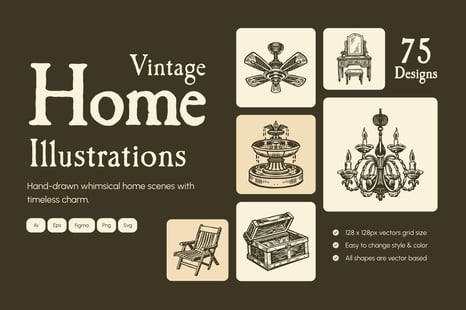 Vintage Home Illustration Set - Creative Store