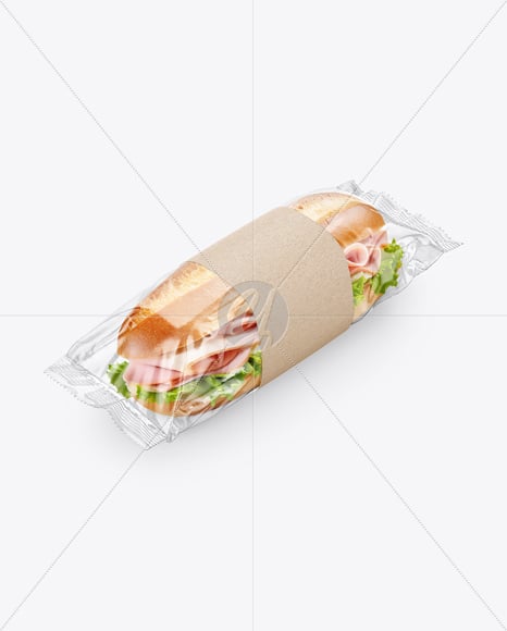 Clear Plastic Flow-Pack with Sandwich in Kraft Paper Sleeve Mockup