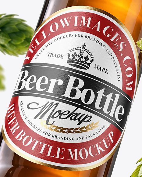 Amber Glass Beer Bottle with Fresh Hops Mockup