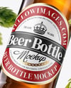 Amber Glass Beer Bottle with Fresh Hops Mockup