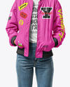Woman in Sunglasses Wearing Bomber Jacket and Jeans Mockup